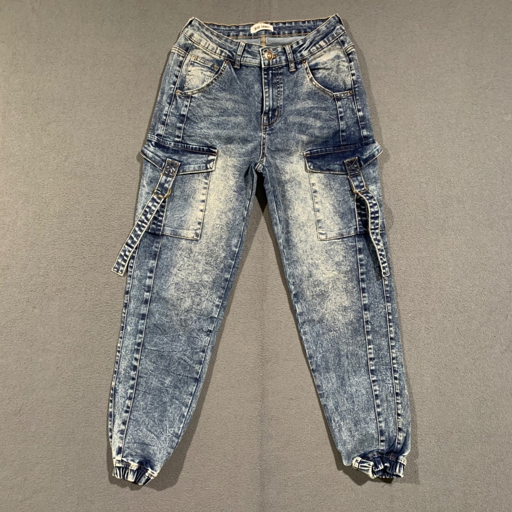 Blue Savvy Cargo Jogger Jeans Women 7/28 Acid Wash Utility Streetwear Denim